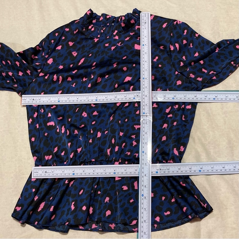 Navy & Pink Peplum Blouse with Full Long Sleeves & Ruffled Mandarin Collar - Picture 2 of 11